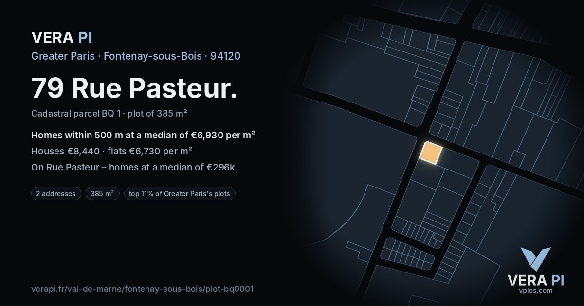 79 Rue Pasteur, Fontenay-sous-Bois at night – the plot lit, the parcels around coloured by the prices near them