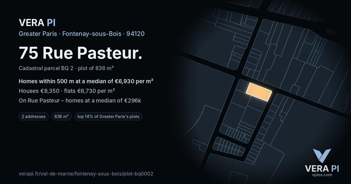 75 Rue Pasteur, Fontenay-sous-Bois at night – the plot lit, the parcels around coloured by the prices near them