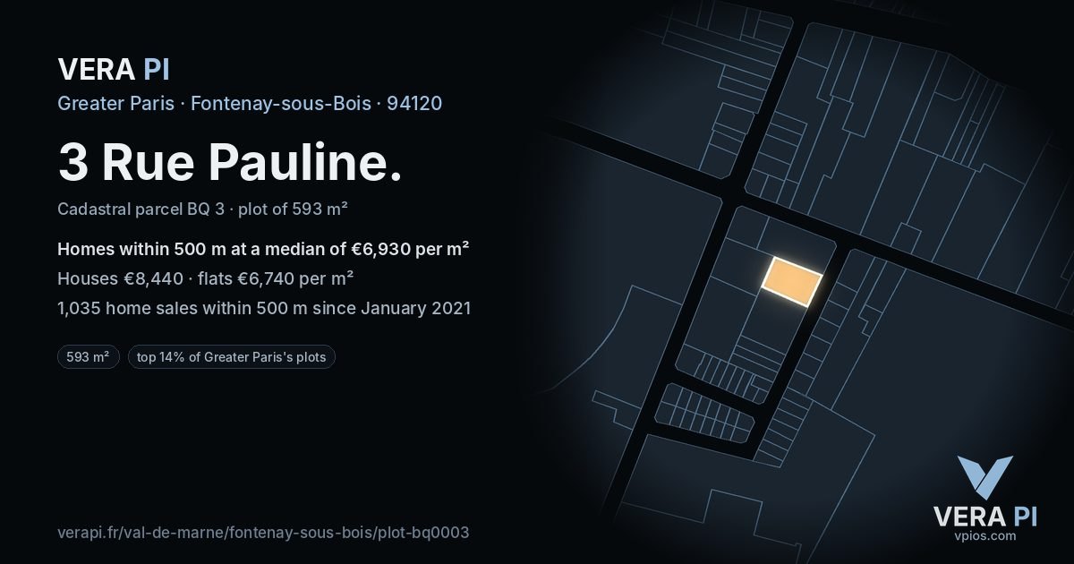 3 Rue Pauline, Fontenay-sous-Bois at night – the plot lit, the parcels around coloured by the prices near them