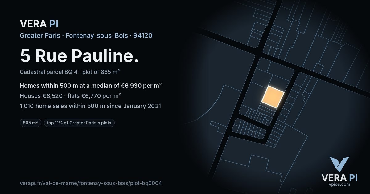 5 Rue Pauline, Fontenay-sous-Bois at night – the plot lit, the parcels around coloured by the prices near them