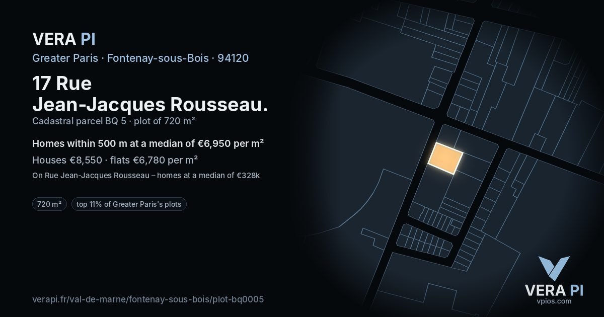 17 Rue Jean-Jacques Rousseau, Fontenay-sous-Bois at night – the plot lit, the parcels around coloured by the prices near them