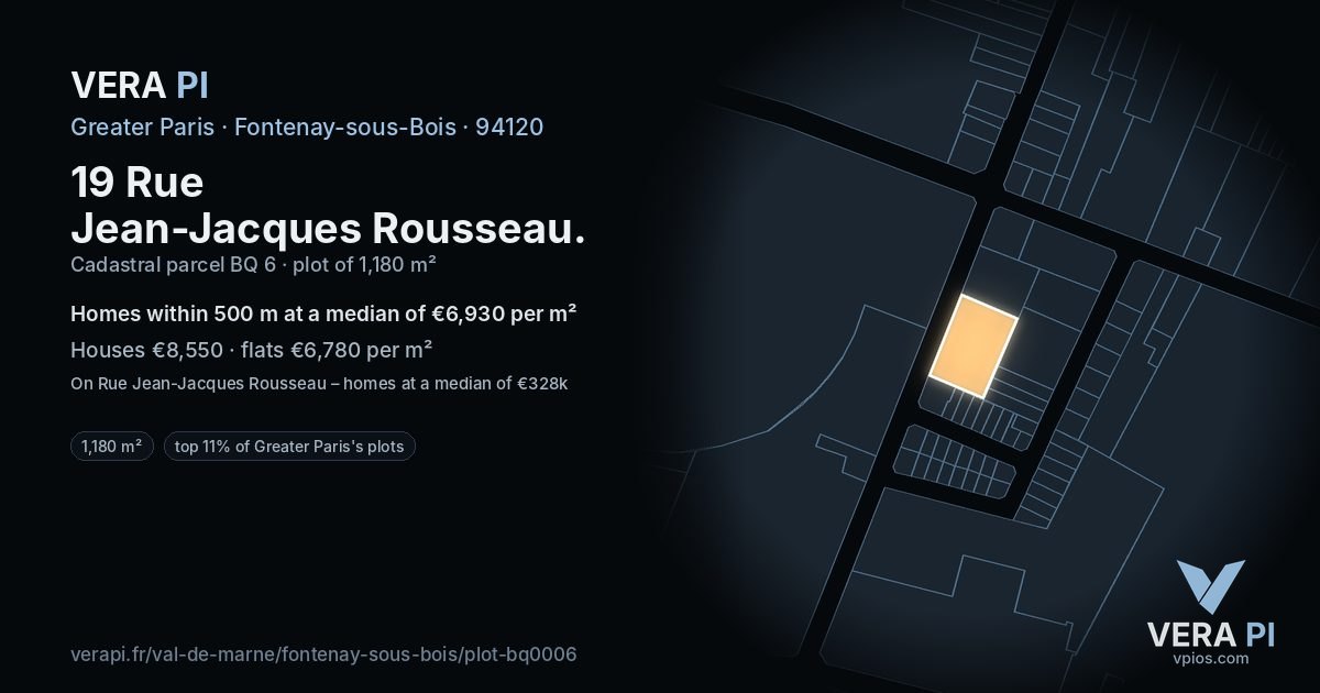 19 Rue Jean-Jacques Rousseau, Fontenay-sous-Bois at night – the plot lit, the parcels around coloured by the prices near them