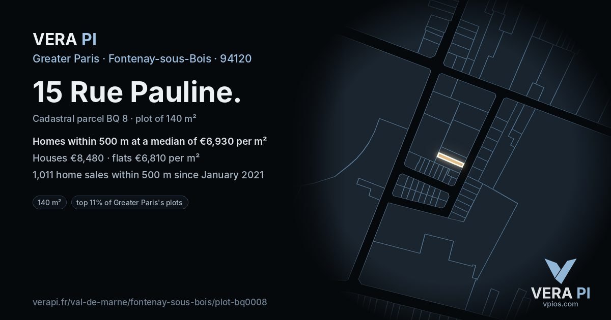 15 Rue Pauline, Fontenay-sous-Bois at night – the plot lit, the parcels around coloured by the prices near them