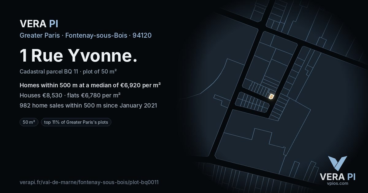 1 Rue Yvonne, Fontenay-sous-Bois at night – the plot lit, the parcels around coloured by the prices near them