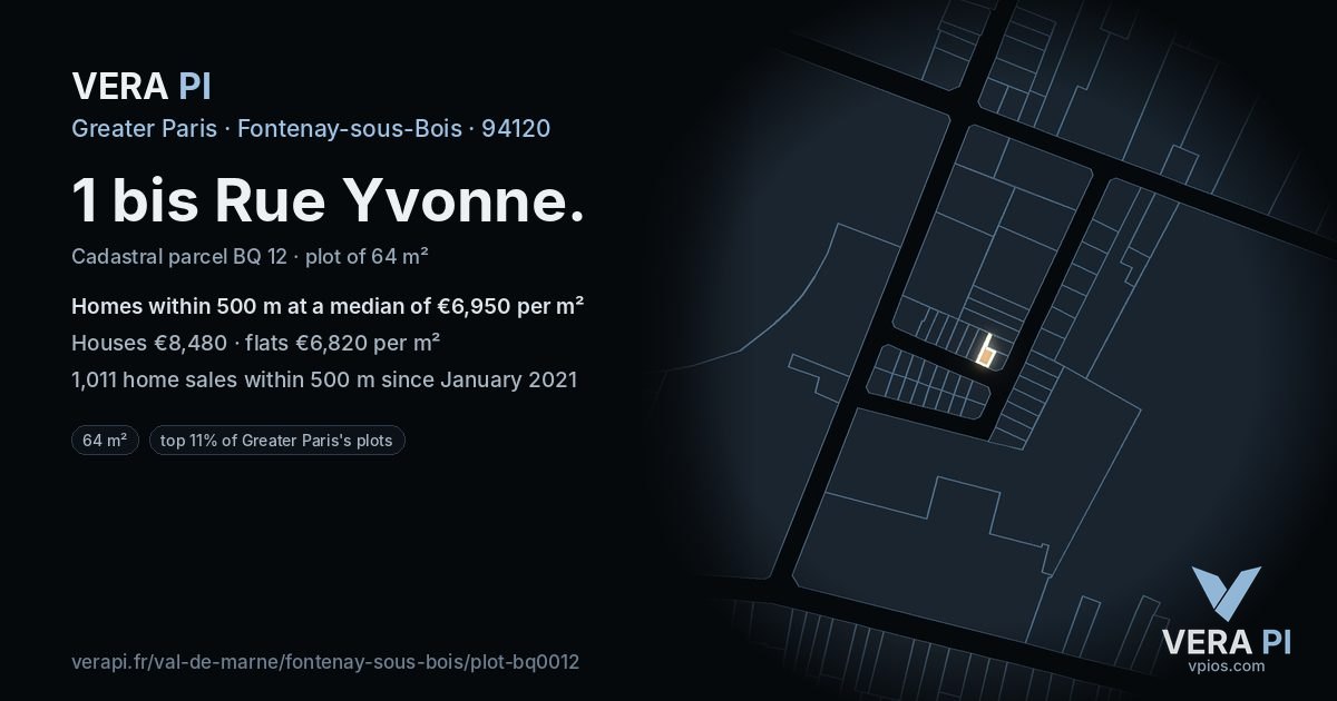 1 bis Rue Yvonne, Fontenay-sous-Bois at night – the plot lit, the parcels around coloured by the prices near them