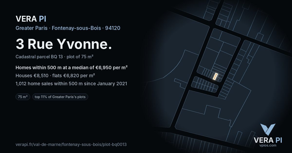 3 Rue Yvonne, Fontenay-sous-Bois at night – the plot lit, the parcels around coloured by the prices near them