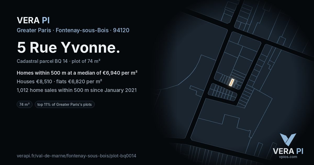 5 Rue Yvonne, Fontenay-sous-Bois at night – the plot lit, the parcels around coloured by the prices near them