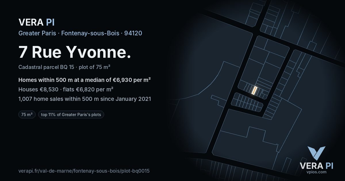 7 Rue Yvonne, Fontenay-sous-Bois at night – the plot lit, the parcels around coloured by the prices near them