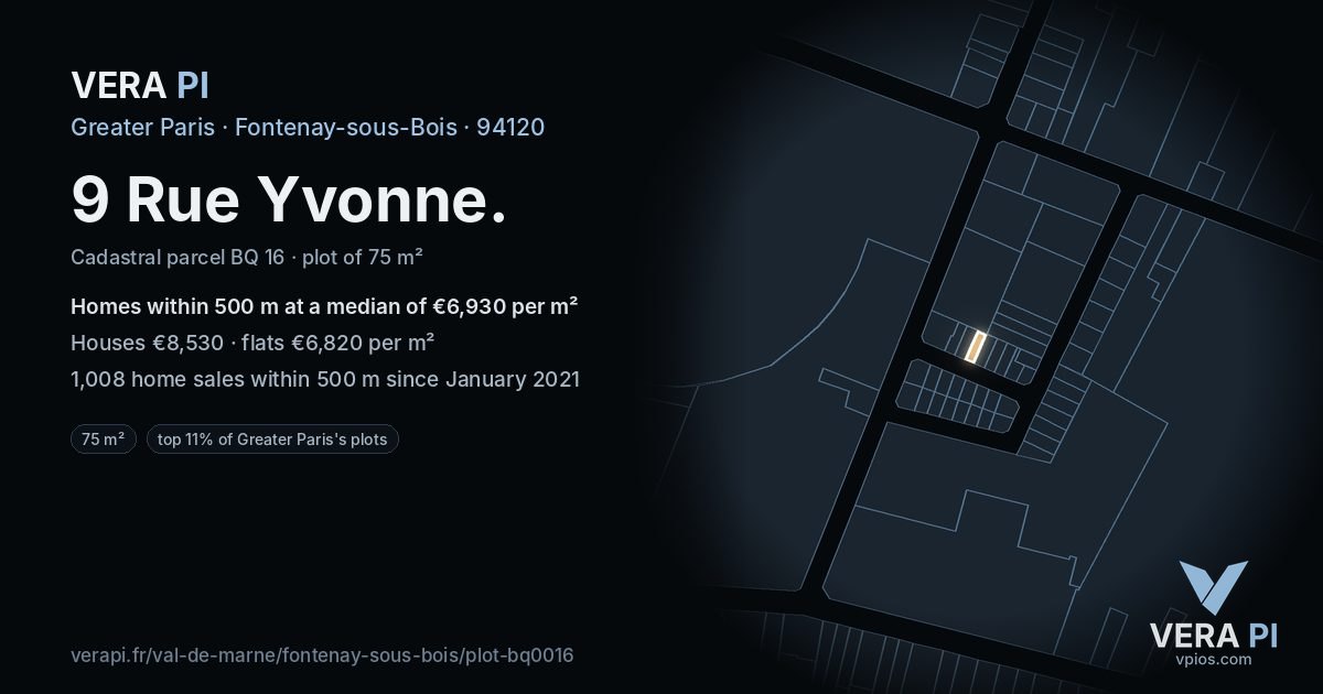 9 Rue Yvonne, Fontenay-sous-Bois at night – the plot lit, the parcels around coloured by the prices near them
