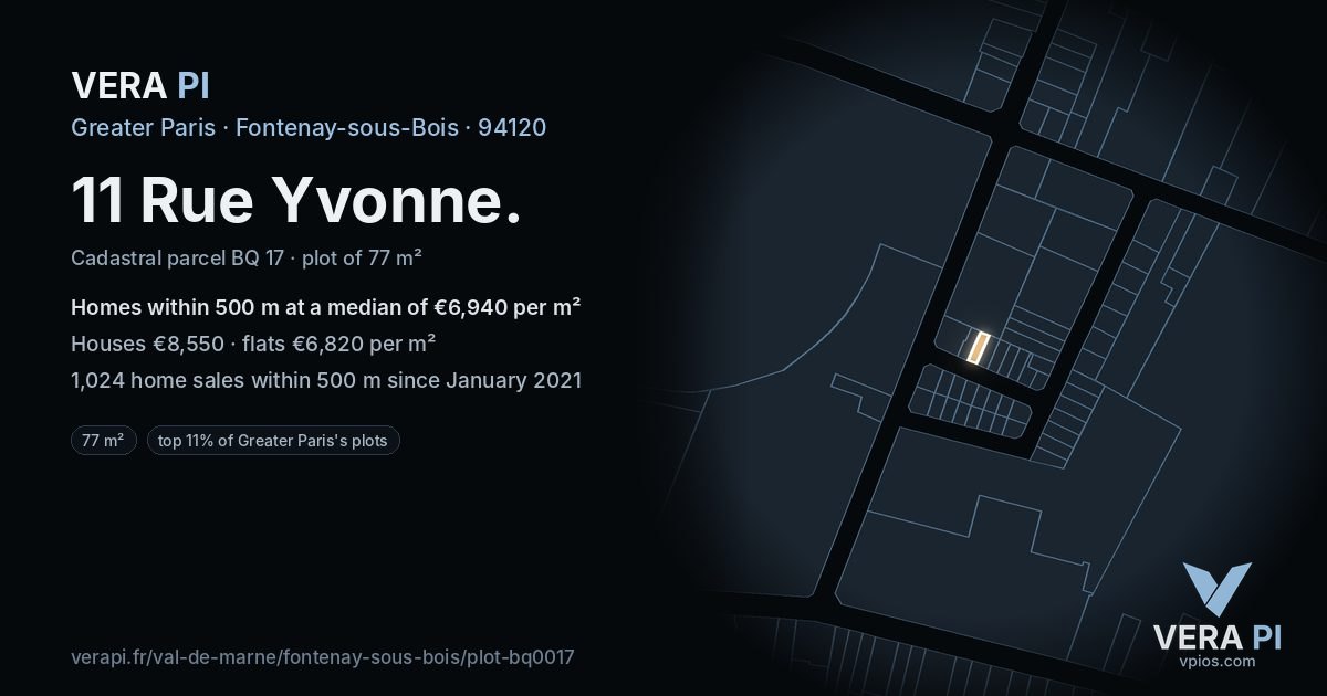 11 Rue Yvonne, Fontenay-sous-Bois at night – the plot lit, the parcels around coloured by the prices near them