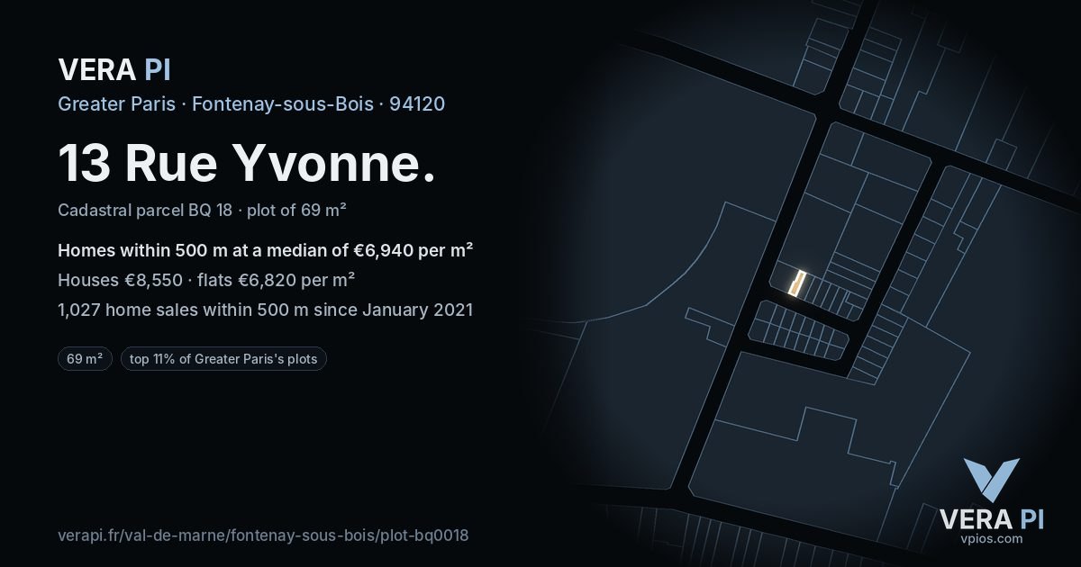 13 Rue Yvonne, Fontenay-sous-Bois at night – the plot lit, the parcels around coloured by the prices near them