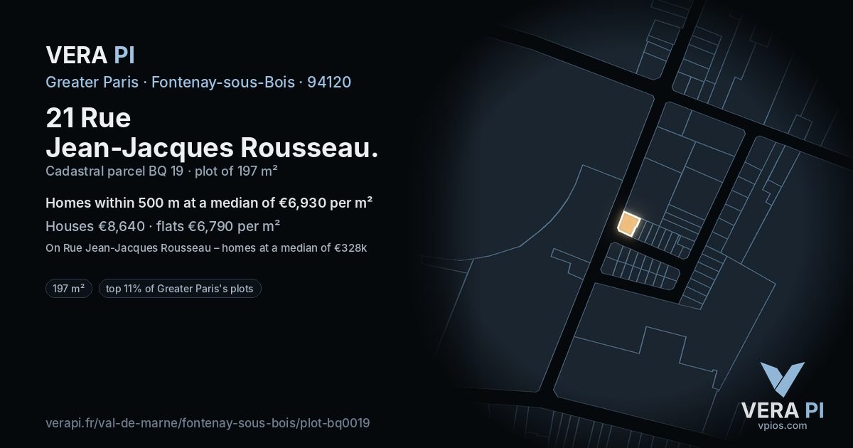 21 Rue Jean-Jacques Rousseau, Fontenay-sous-Bois at night – the plot lit, the parcels around coloured by the prices near them