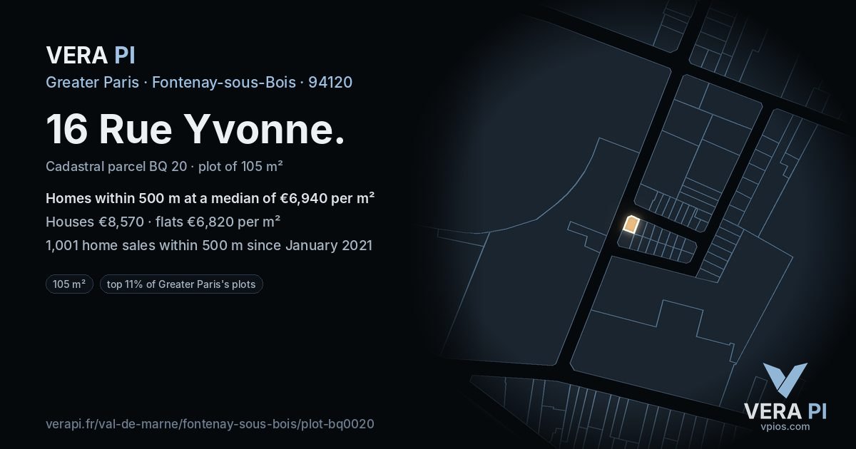 16 Rue Yvonne, Fontenay-sous-Bois at night – the plot lit, the parcels around coloured by the prices near them