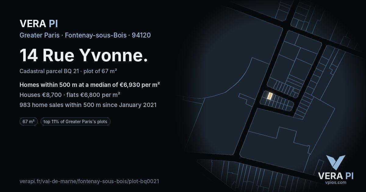 14 Rue Yvonne, Fontenay-sous-Bois at night – the plot lit, the parcels around coloured by the prices near them