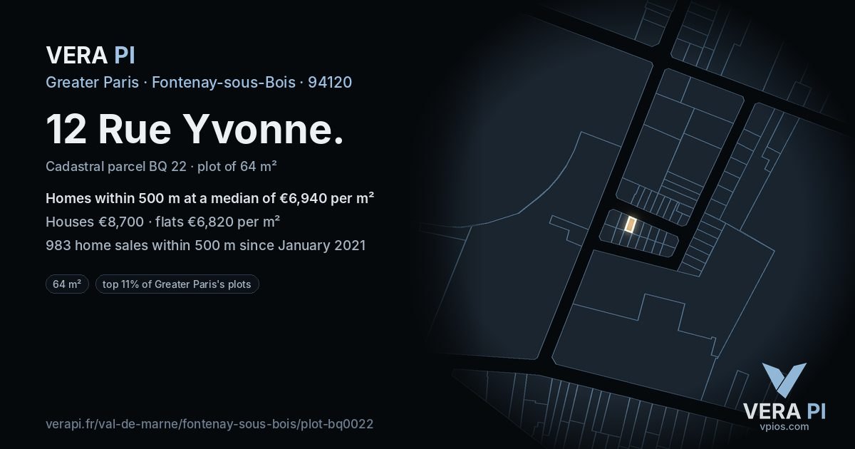12 Rue Yvonne, Fontenay-sous-Bois at night – the plot lit, the parcels around coloured by the prices near them