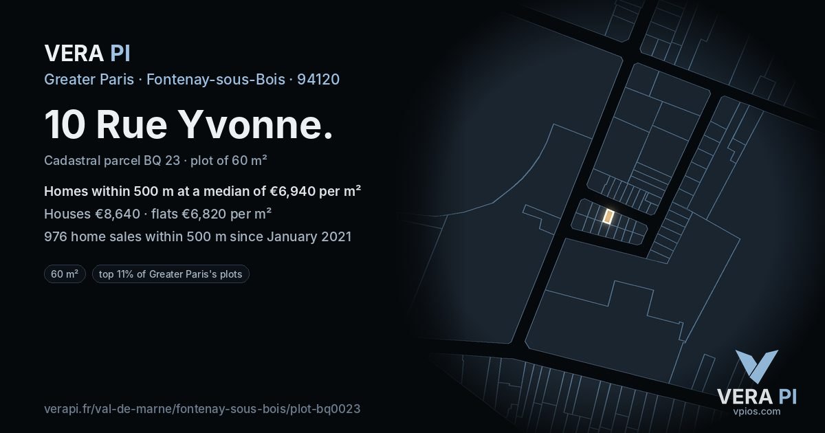 10 Rue Yvonne, Fontenay-sous-Bois at night – the plot lit, the parcels around coloured by the prices near them