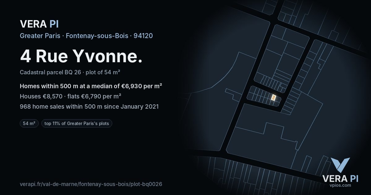 4 Rue Yvonne, Fontenay-sous-Bois at night – the plot lit, the parcels around coloured by the prices near them