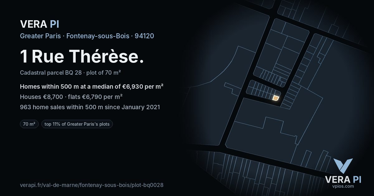 1 Rue Thérèse, Fontenay-sous-Bois at night – the plot lit, the parcels around coloured by the prices near them
