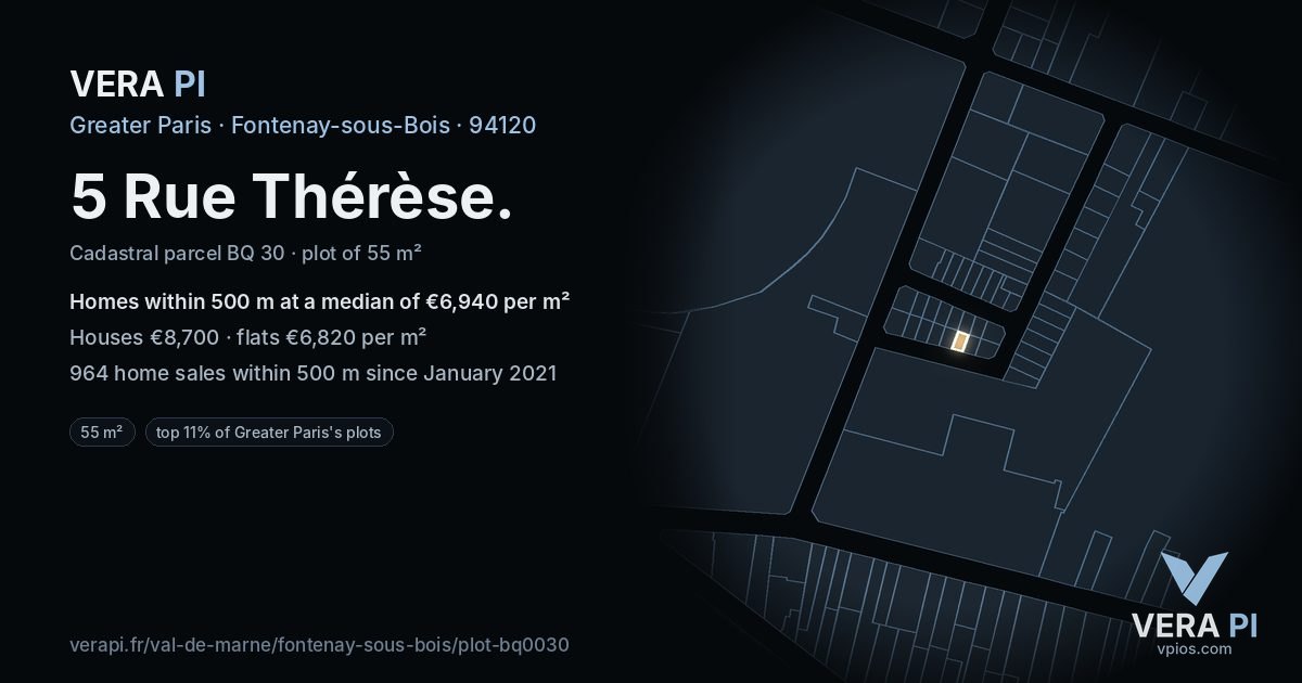 5 Rue Thérèse, Fontenay-sous-Bois at night – the plot lit, the parcels around coloured by the prices near them