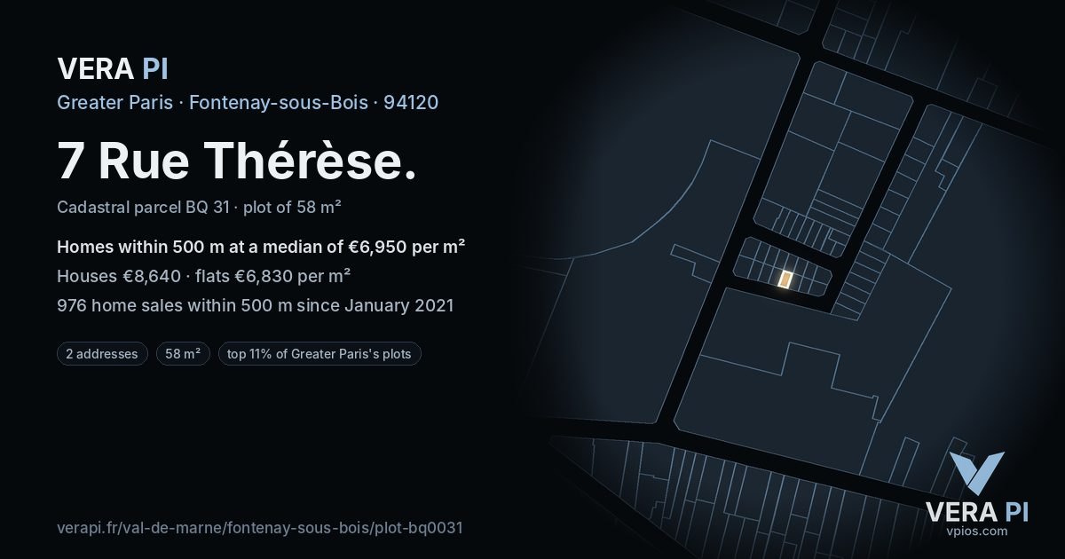 7 Rue Thérèse, Fontenay-sous-Bois at night – the plot lit, the parcels around coloured by the prices near them