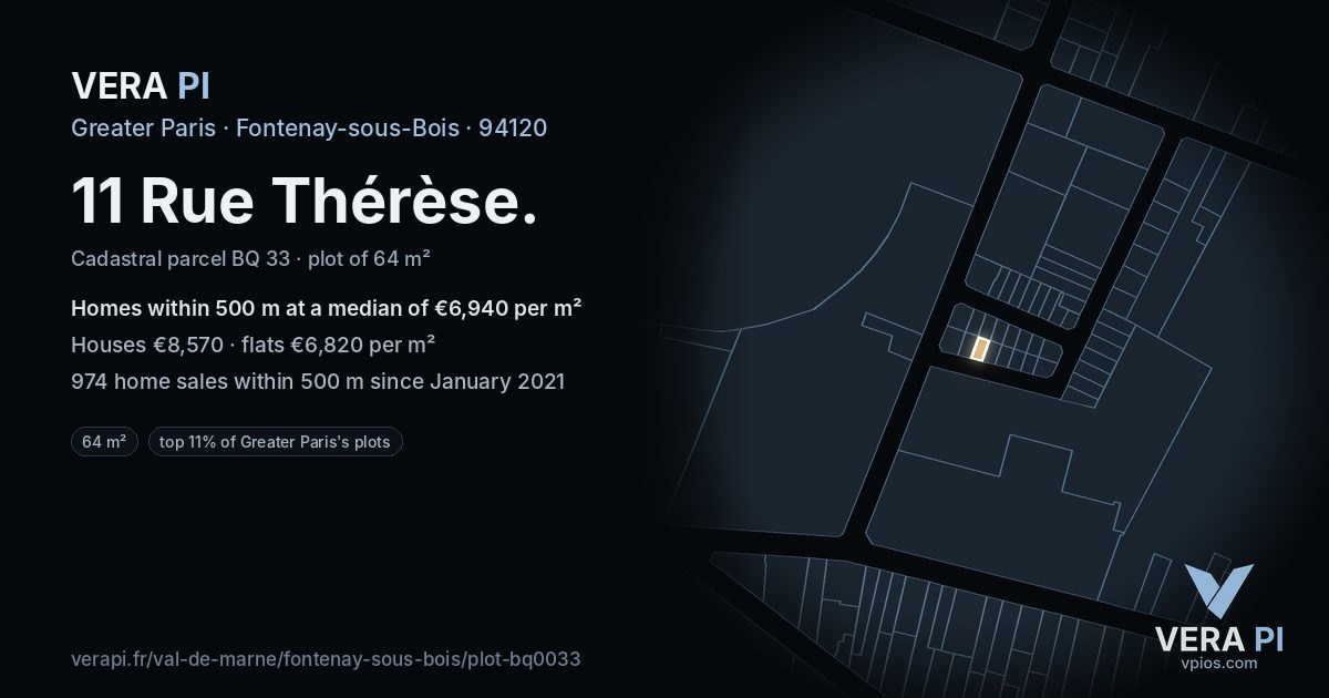 11 Rue Thérèse, Fontenay-sous-Bois at night – the plot lit, the parcels around coloured by the prices near them