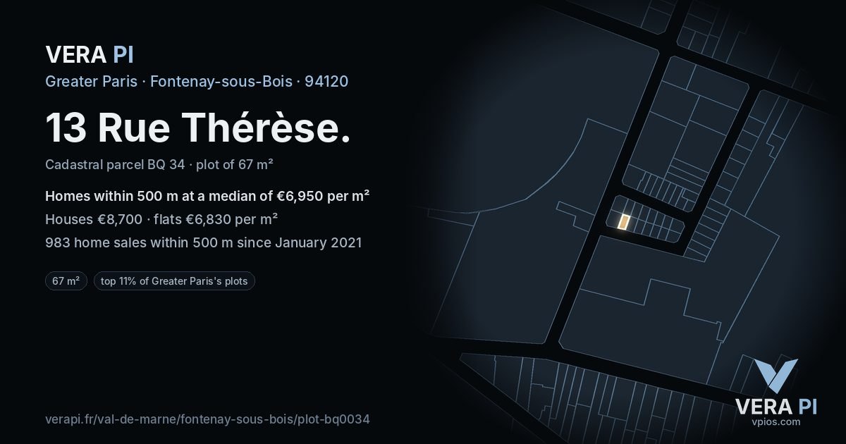 13 Rue Thérèse, Fontenay-sous-Bois at night – the plot lit, the parcels around coloured by the prices near them