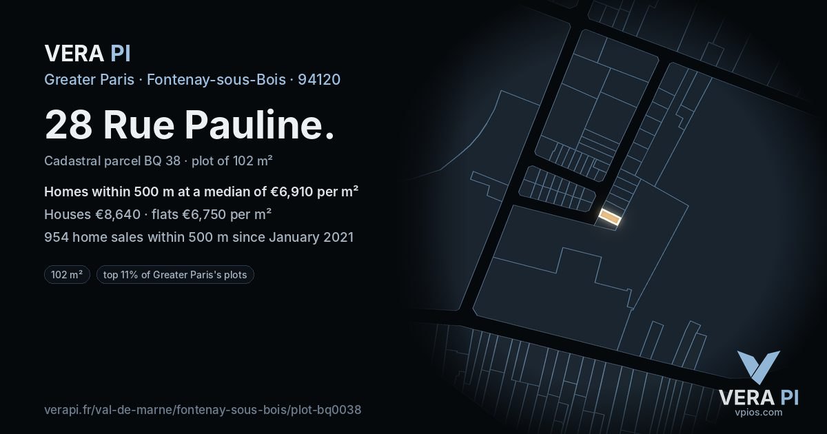 28 Rue Pauline, Fontenay-sous-Bois at night – the plot lit, the parcels around coloured by the prices near them