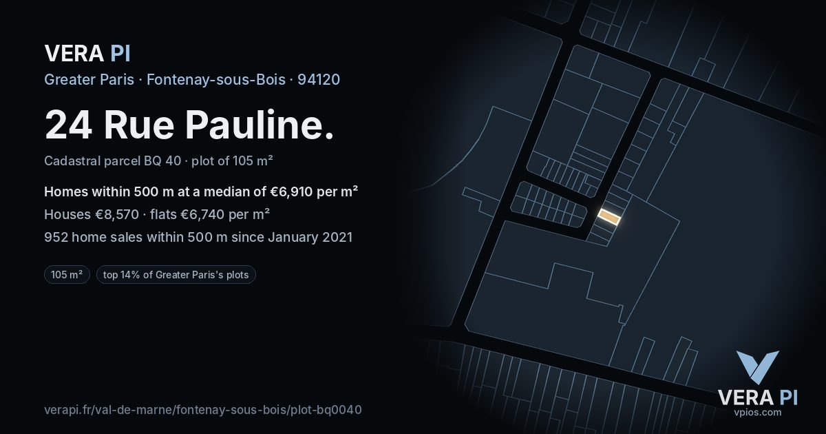 24 Rue Pauline, Fontenay-sous-Bois at night – the plot lit, the parcels around coloured by the prices near them