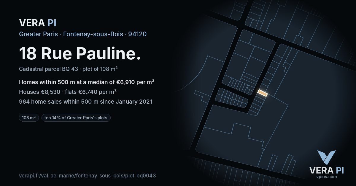 18 Rue Pauline, Fontenay-sous-Bois at night – the plot lit, the parcels around coloured by the prices near them