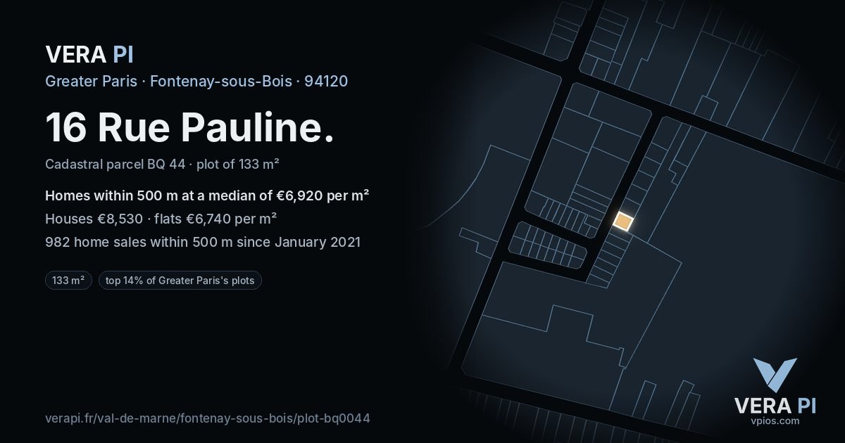 16 Rue Pauline, Fontenay-sous-Bois at night – the plot lit, the parcels around coloured by the prices near them