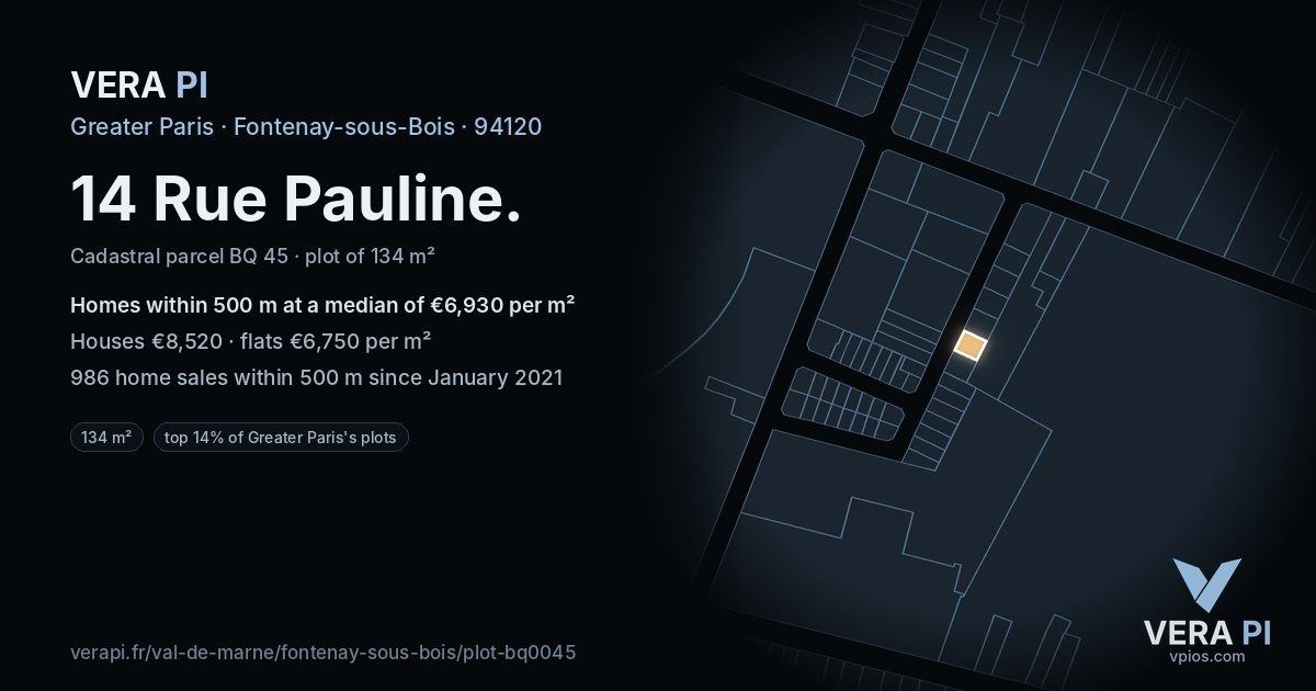 14 Rue Pauline, Fontenay-sous-Bois at night – the plot lit, the parcels around coloured by the prices near them