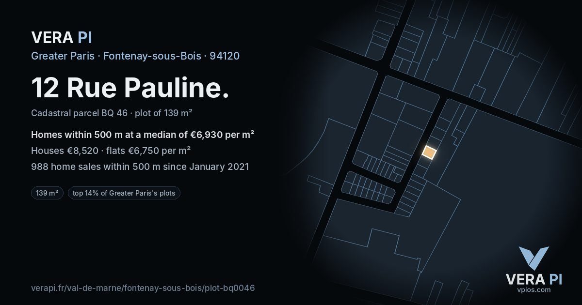 12 Rue Pauline, Fontenay-sous-Bois at night – the plot lit, the parcels around coloured by the prices near them