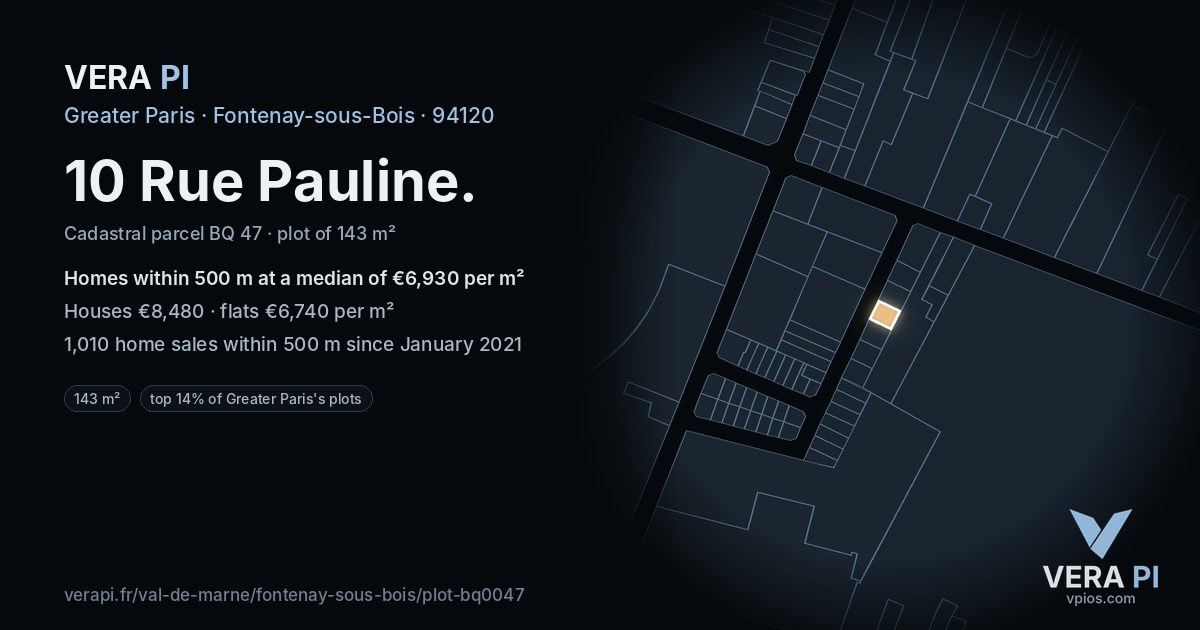 10 Rue Pauline, Fontenay-sous-Bois at night – the plot lit, the parcels around coloured by the prices near them