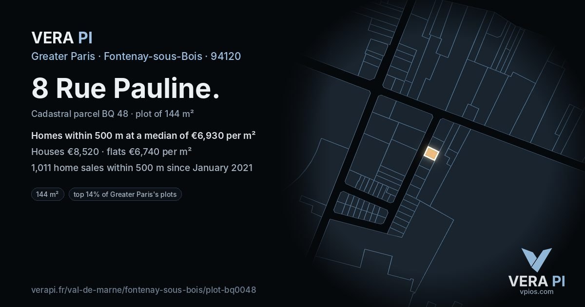 8 Rue Pauline, Fontenay-sous-Bois at night – the plot lit, the parcels around coloured by the prices near them