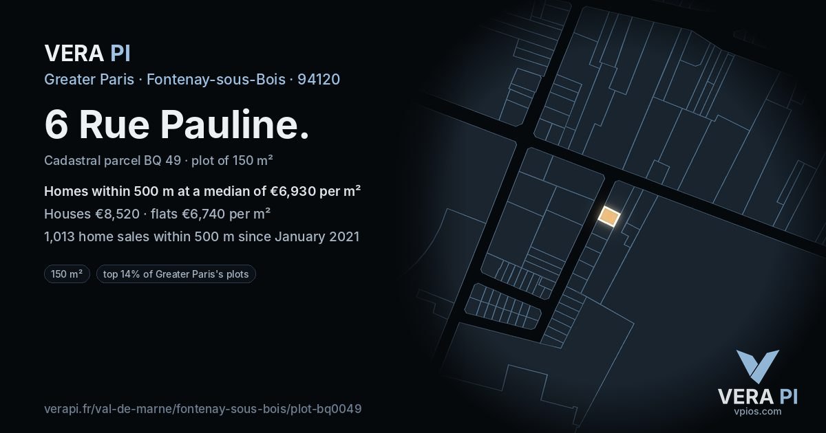 6 Rue Pauline, Fontenay-sous-Bois at night – the plot lit, the parcels around coloured by the prices near them