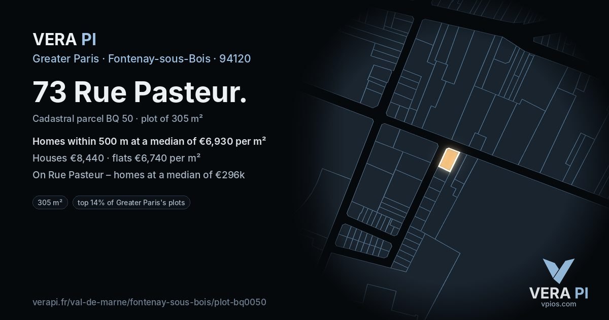 73 Rue Pasteur, Fontenay-sous-Bois at night – the plot lit, the parcels around coloured by the prices near them
