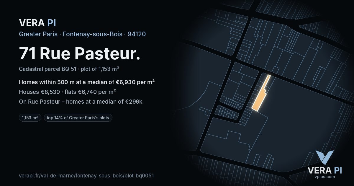 71 Rue Pasteur, Fontenay-sous-Bois at night – the plot lit, the parcels around coloured by the prices near them