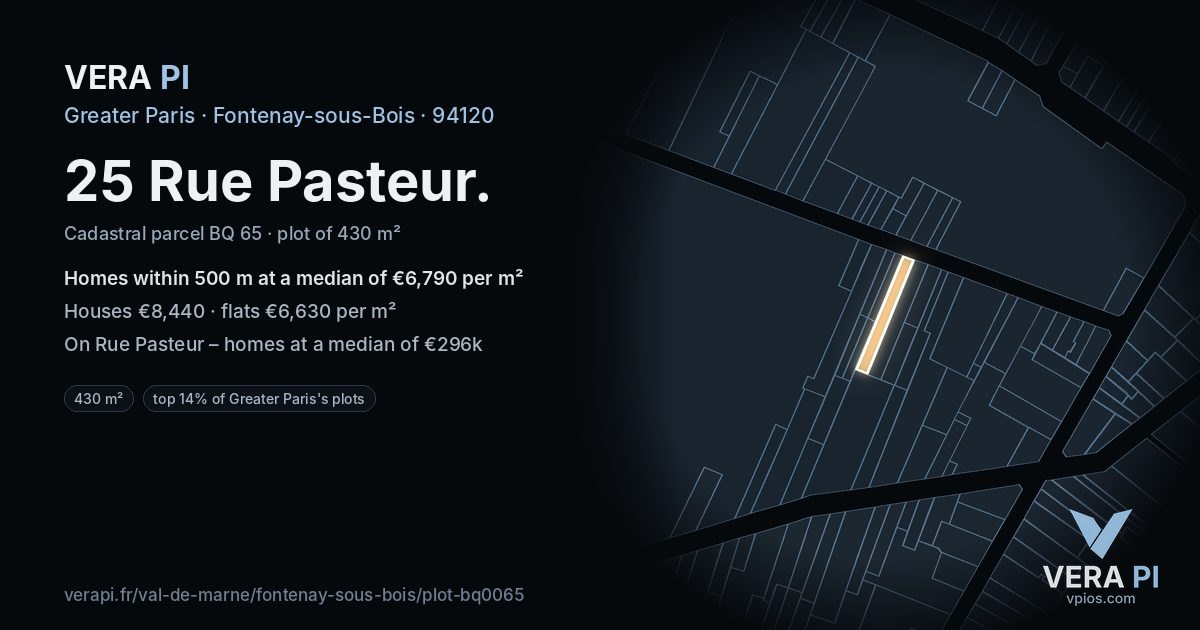 25 Rue Pasteur, Fontenay-sous-Bois at night – the plot lit, the parcels around coloured by the prices near them