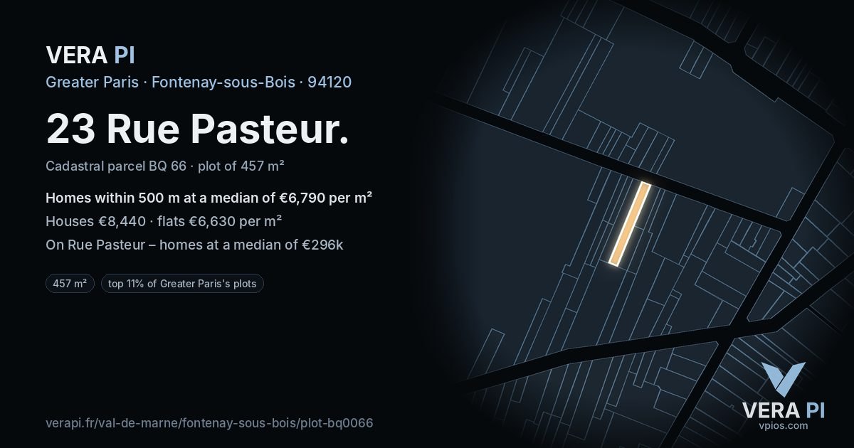 23 Rue Pasteur, Fontenay-sous-Bois at night – the plot lit, the parcels around coloured by the prices near them