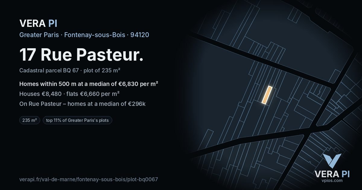 17 Rue Pasteur, Fontenay-sous-Bois at night – the plot lit, the parcels around coloured by the prices near them