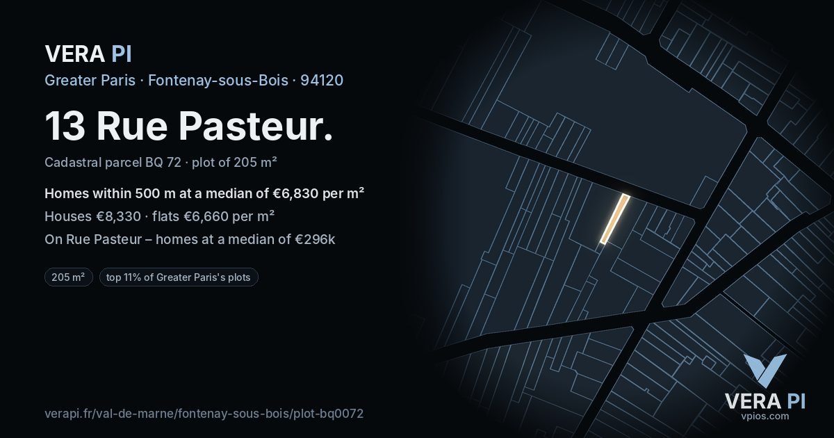 13 Rue Pasteur, Fontenay-sous-Bois at night – the plot lit, the parcels around coloured by the prices near them