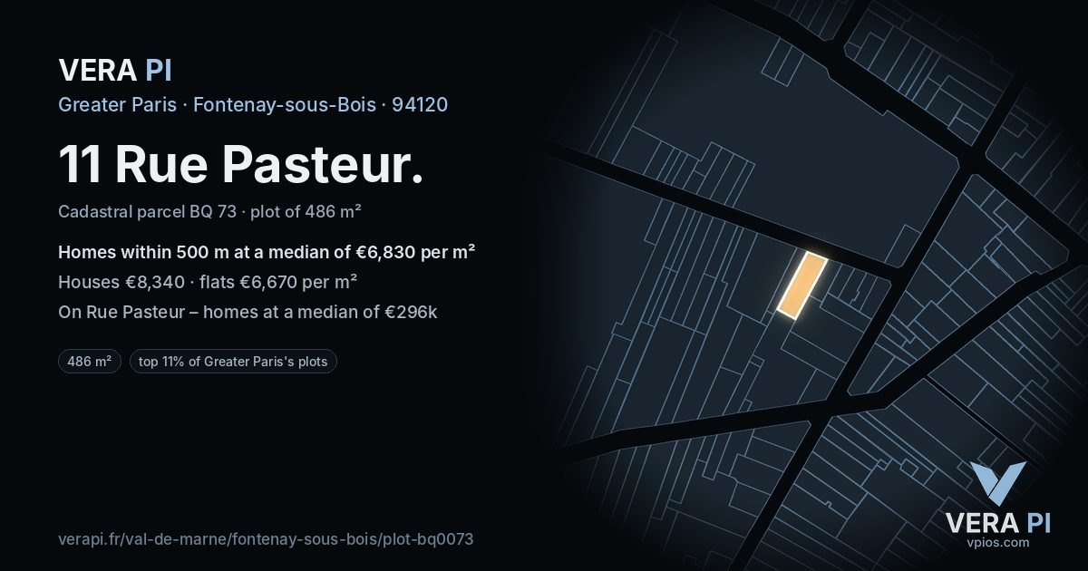 11 Rue Pasteur, Fontenay-sous-Bois at night – the plot lit, the parcels around coloured by the prices near them