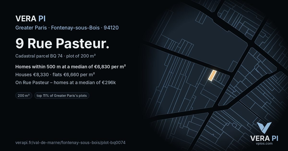 9 Rue Pasteur, Fontenay-sous-Bois at night – the plot lit, the parcels around coloured by the prices near them