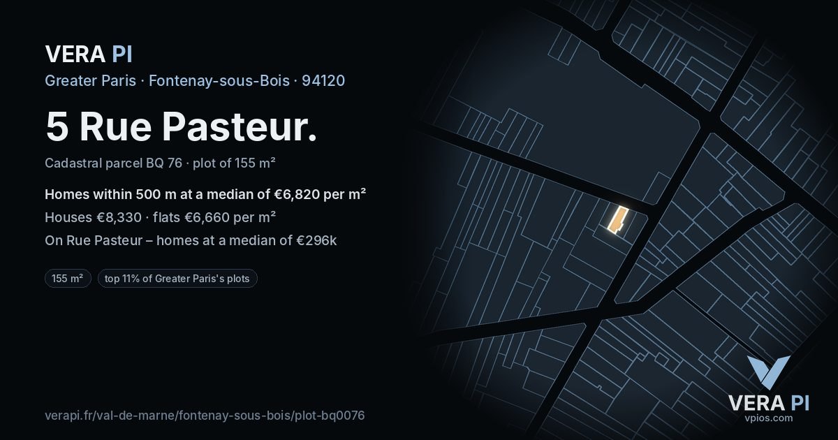 5 Rue Pasteur, Fontenay-sous-Bois at night – the plot lit, the parcels around coloured by the prices near them