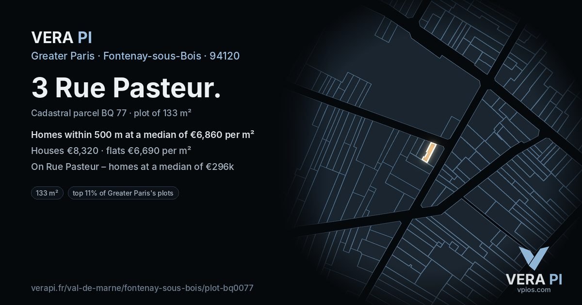3 Rue Pasteur, Fontenay-sous-Bois at night – the plot lit, the parcels around coloured by the prices near them
