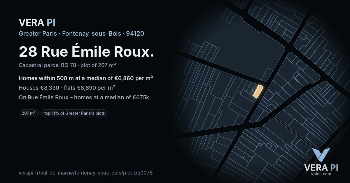 28 Rue Émile Roux, Fontenay-sous-Bois at night – the plot lit, the parcels around coloured by the prices near them