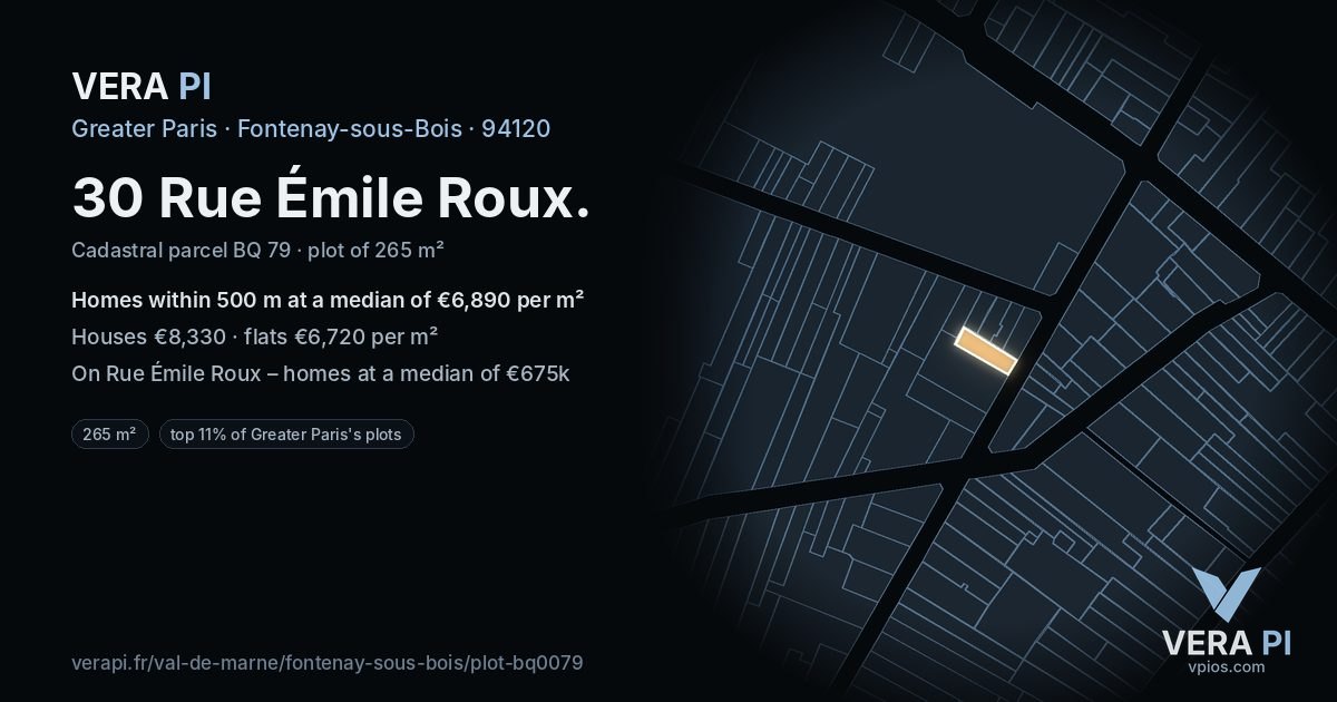30 Rue Émile Roux, Fontenay-sous-Bois at night – the plot lit, the parcels around coloured by the prices near them