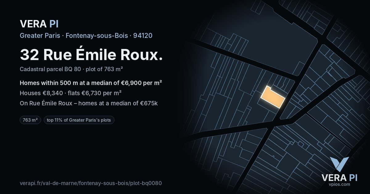 32 Rue Émile Roux, Fontenay-sous-Bois at night – the plot lit, the parcels around coloured by the prices near them