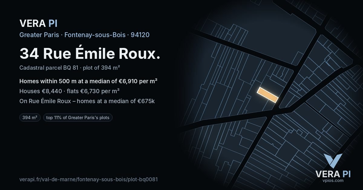 34 Rue Émile Roux, Fontenay-sous-Bois at night – the plot lit, the parcels around coloured by the prices near them