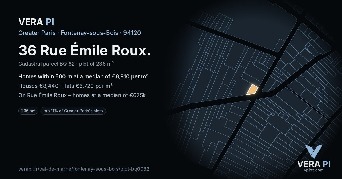 36 Rue Émile Roux, Fontenay-sous-Bois at night – the plot lit, the parcels around coloured by the prices near them